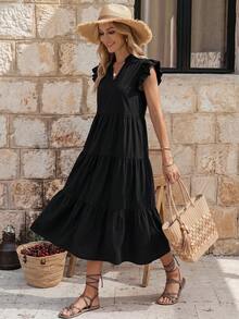EMERY ROSE Vestido maxi con escote entallado, volantes y smock para vacaciones y playa para mujeres - Negro - Ver 3