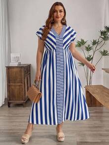 Rosumi Gaun Karaoke Kasual Musim Panas Wanita Ukuran Besar Motif Garis-garis Biru & Putih - Blue and White - View 3