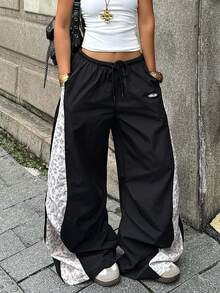 Coolane 女款春夏音樂會街頭風外出拼接配色降落傘長褲 - 黑色 - 查看 7
