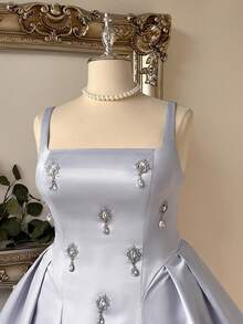 Lovelzi Plus Size Elegant Luxurious Light Sky Blue Satin Handmade Integrated Rhinestone Decor Wide Strap Back Tie Detail A-Line Ball Gown Formal - Baby Blue - View 7
