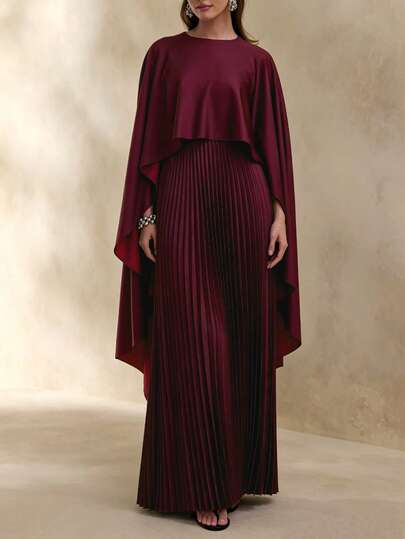SHEIN Clasi Women's Plus Size 2-Piece Burgundy 3D Pleated Dress With Cape Shawl, Round Neck, Elegant Cocktail Party, Bridesmaid, Commute, Afternoon Tea, Middle Eastern Noble Style, Full Skirt, Inclusive, Waist-Cinching, Slimming, Flattering, Casual Party Dress Set