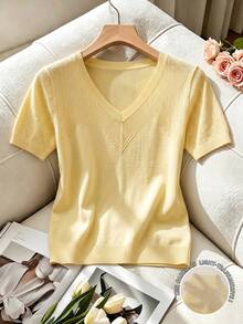 valorelle valorelle Women's Vintage V-Neck Diamond Hollow Patchwork Short Sleeve Ribbed Knit Top - Yellow - View 3