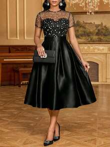 SHEIN Lady Plus-Size Elegant 1950s Vintage 1920s Party Formal Evening Cocktail Dress With Polka Dot Print, Mesh Paneling, Pleated Waist, Satin Hem Black - Black - View 5