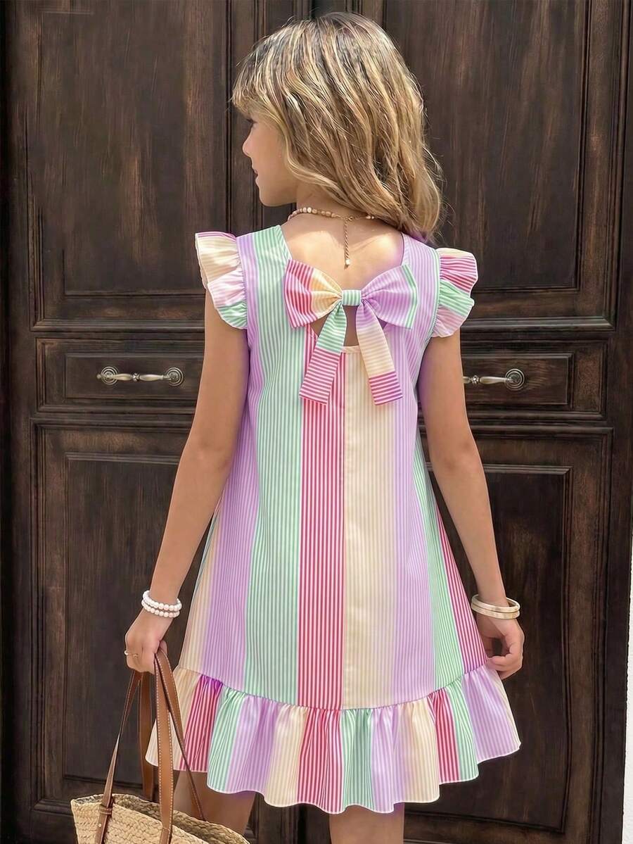 SHEIN Sparklyn 女童大童春夏度假海灘熱帶風 3D蝴蝶結圓領無袖荷葉飄逸袖甜美風中長洋裝 - 彩色 - 查看 1