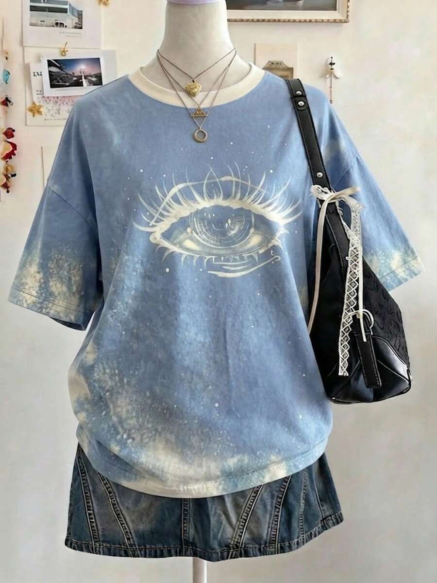 Lalippa 眼睛圖案數位印花時尚極簡女款寬鬆中長版圓領落肩T恤,送給朋友的禮物 - 白色 - 查看 1