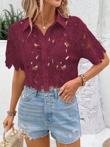 SHEIN Clasi 女款鏤空刺繡短袖單排扣時尚襯衫 - 紅色 - 查看 1