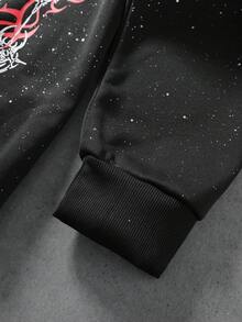 ROMWE MEN Goth 男士重裝水鑽天使印花深色街頭風毛絨連帽衛衣 - 黑色 - 查看 6