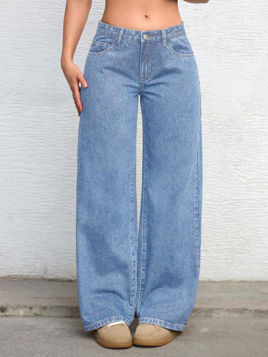 Jeanoix Celana Jeans Cowgirl Plus Size Wanita Model Y2K Denim Musim Panas Biru Tanpa Peregangan, Potongan Lebar - Light Wash - View 1