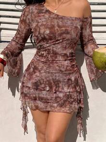 SHEIN MOD Plus Size Women's Floral Print Asymmetrical Shoulder Flare Sleeve Ruffle Hem Fashion Dress Fall - Brown - View 3