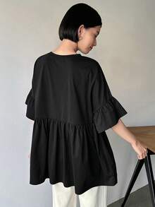 FRIFUL Women Fashion Summer Basic Short Sleeve T-Shirt,Ruffle - Black - View 4