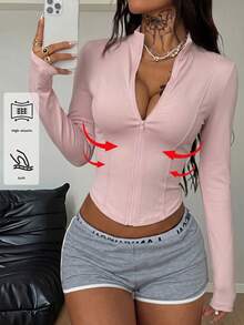 Coolane 女款素色立領拉鍊休閒百搭日常旅行運動夾克 - 淺粉色 - 查看 3