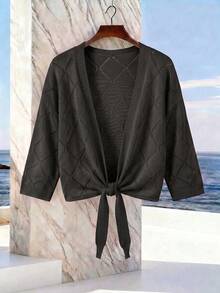 SHEIN Solid Color Hollow Knit Lace-Up Cardigan - Black - View 5