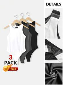 SHEIN BASICS 3件組女款休閒極簡基礎圓領無袖修身純色針織連身衣 夏季日常上班穿搭 白色 灰色 黑色 - 深灰色 - 查看 10