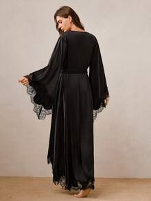 Hourtrue 1 buah Jubah Panjang Satin Elegan Wanita, Lembut Seperti Sutra, Leher V Seksi, Warna Polos, Ringan, Pakaian Tidur, Jubah Mandi, Jubah Pengantin - Hitam - View 2