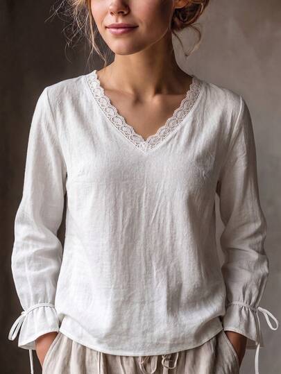 SHEIN Holidaya Women's Fall Cotton White V-Neck Lace Trim Long-Sleeve Top, Drawstring Cuff Loose Blouse, Versatile  Elegant Base Layer, Commuting Casual Office Wear.