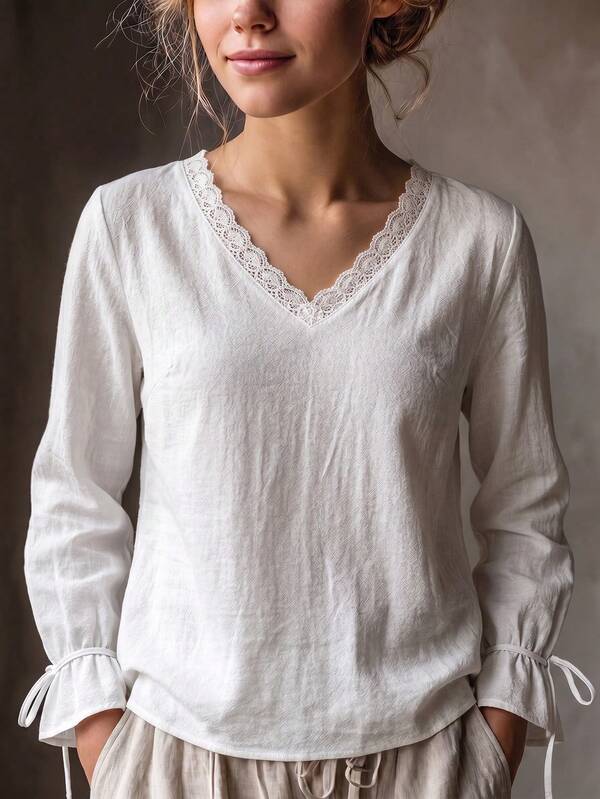 SHEIN Holidaya Women's Fall Cotton White V-Neck Lace Trim Long-Sleeve Top, Drawstring Cuff Loose Blouse, Versatile  Elegant Base Layer, Commuting Casual Office Wear.