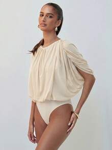 Hauture Bodysuit dengan Lapisan Jala yang Menjuntai - Krem - View 5