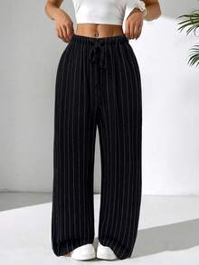 SHEIN PETITE CURVE 大码休闲条纹阔腿裤 - 黑色 - 查看 4