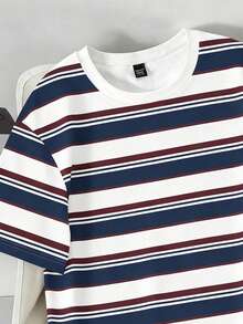Manfinity Joysei Camiseta de cuello redondo a rayas con bloques de color casual versátil para uso diario para hombres - Multicolor - Ver 3