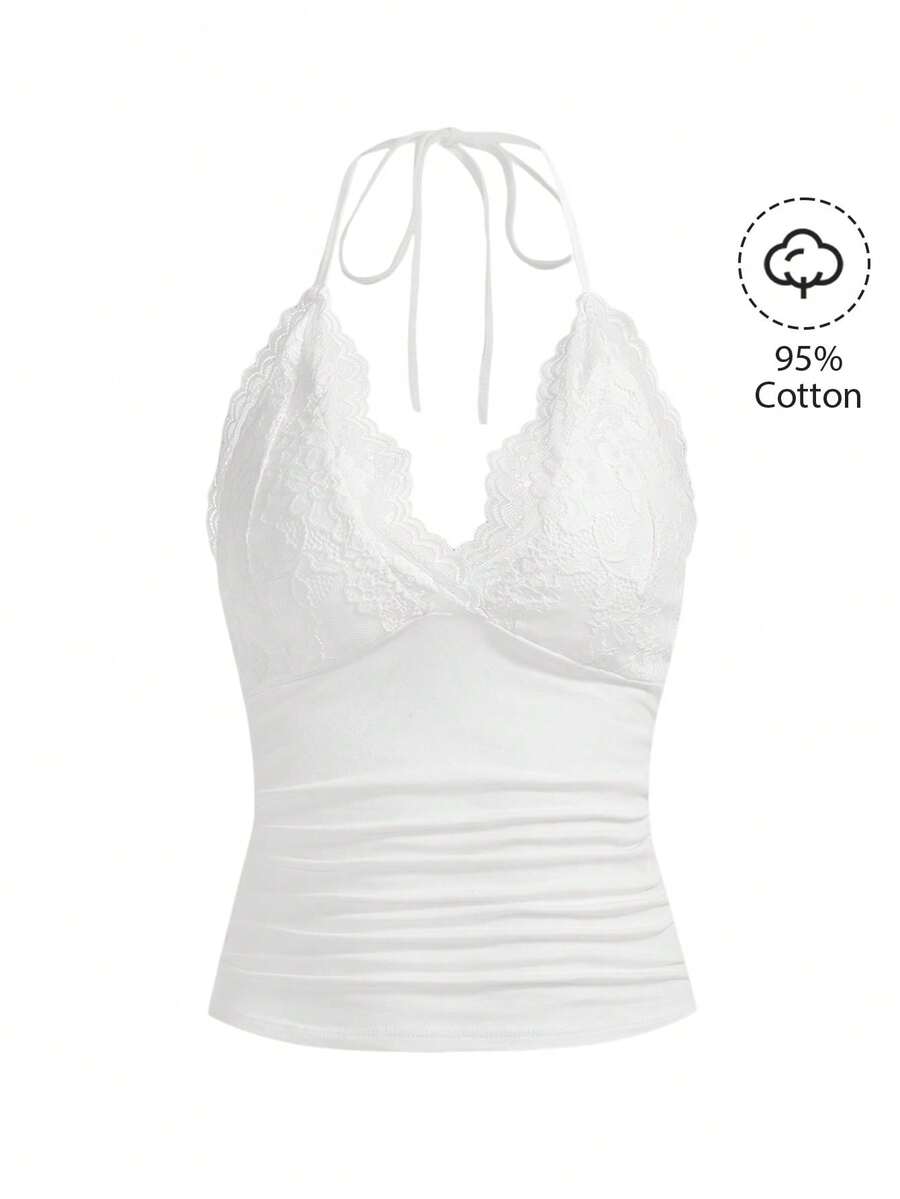 SHEIN x PRISCILA & JIMENA ROMWE PUNK Contrast Lace Halter Top - White - View 1
