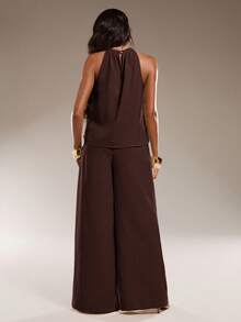 Normani Women's Solid Color Halter Neck Top With Slit Hem And Pants Fashion 2 Pieces Set Beach Vacation Dark Brown Summer Sexy European Tropical - Rust Brown - View 7
