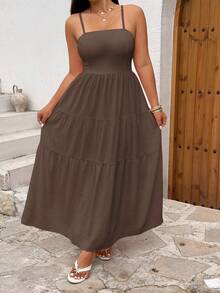 Sunnyshic Plus Size Women's Solid Color Pleated Casual Party Vacation Travel Spaghetti Strap Dress, Suitable For Summer - Brown - View 5
