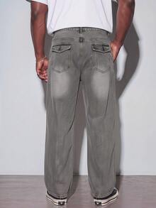 Modcrash Celana Jeans Pria Kasual Modern Warna Abu-abu Muda Polos Model Lebar Ukuran Besar - Light Grey - View 3