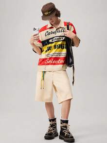 Vaulklash Manfinity Streetrush 男款紅色夏季圖案 Polo 衫，街頭風城市度假嘻哈短版上衣，寬鬆版型復古賽車橄欖球球衣，足球 - 彩色 - 查看 2