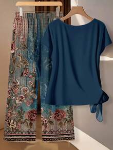 SHEIN Clasi 女款 2 件套 蝴蝶結領襯衫與寬鬆直筒長褲 - 彩色 - 查看 2