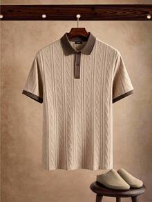 Manfinity CasualCool 男士夏季休閒拼色拼接 Polo 衫 - 卡其色 - 查看 4