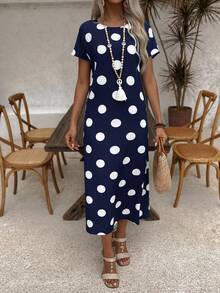 EMERY ROSE Vestido de mujer con mangas cortas y cuello redondo con estampado de lunares para el verano - Azul Marino - Ver 7