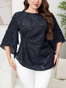 Reflora Plus Size Elegant Commuter Solid Color Cut-Out Blouse - Navy Blue - View 4