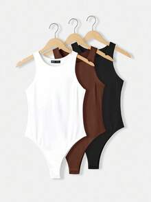 SHEIN BASICS 3件組女款休閒圓領無袖貼身素色針織連身衣 夏季上衣 - 棕色 - 查看 1