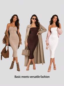 SHEIN BASICS Rochie de cină casual bodycon slim fit fără bretele pentru femei, rochii de vară, haine de vară pentru femei - Galben - Vizualizare 12