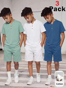 SHEIN 3件組青少年男孩半袖紋理布料T恤，附裝飾木鈕扣，藍色、綠色、白色，適合夏季休閒外出、運動、度假、上學，百搭百用 - 彩色 - 查看 4