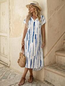 EMERY ROSE Vestido de verano para mujer con cuello en V, mangas de murciélago y bajo irregular - Azul - Ver 3