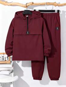 SHEIN 青少年男款長袖連帽外套套裝 - 酒紅色 - 查看 1