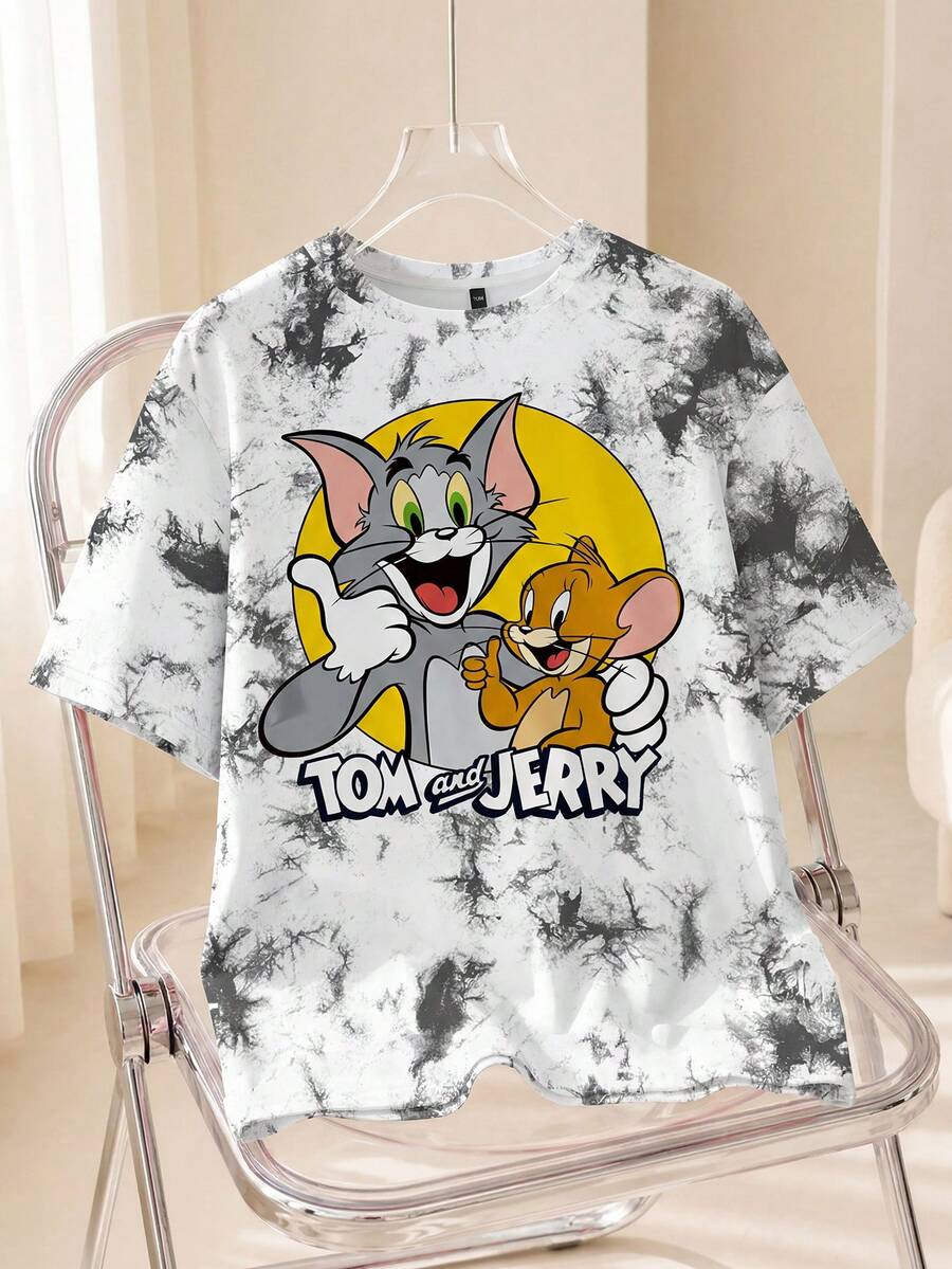 TOM & JERRY X SHEIN 男士休闲扎染字母卡通图案圆领短袖T恤,夏季 - 白色 - 查看 1