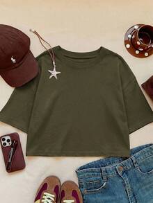 Comfortcana Summer Casual Versatile Solid Color Short Sleeve T-Shirt Home Dark Green - Olive Green - View 4