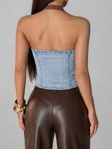 SHEIN Tall Women's Color Block Halter Neck Denim Corset Top - Light Wash - View 3
