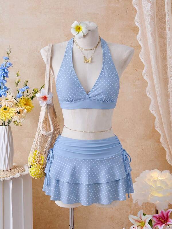 Bellisia 26SS Spring/Summer Vacation Beach Blue Polka Dot Halter Triangle Cup Bikini With Skirt 3 Pieces Set Cute