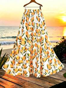 Franclia Plus Size Women's Summer Lemon Print A-Line Casual Vacation Lemon Yellow Long Skirt - Multicolor - View 2