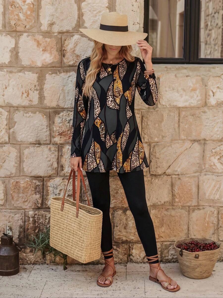 EMERY ROSE 2pcs Women's Fleece Long Sleeve A-Line T-Shirt And Leggings Set, Random Print, Autumn/Winter - Multicolor - View 1