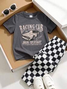 SHEIN Kids 2pcs/Set Young Boys Cute Summer Casual Vintage Distressed Car Graphic Loose Short Sleeve T-Shirt & Checkered Long Pants Racing Outfit Boys Set - Multicolor - View 3