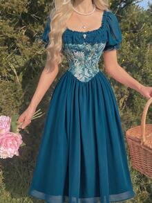 Skyraze Vintage Blue Oil Painting Print Puff Sleeve Chiffon Dress - Dusty Blue - View 4