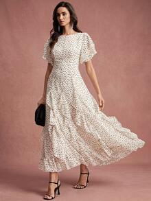 BELROSIE Elegant Women's Summer Wedding Garden Party Tea Party Dress, White And Black Polka Dot Contrast Color, Asymmetrical Hand-Painted Chiffon Cinched Waist - Apricot - View 9