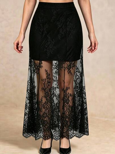 Juhart Plus Size Black Eyelash Sheer Lace Slimming Summer Cool Mermaid Tail Skirt