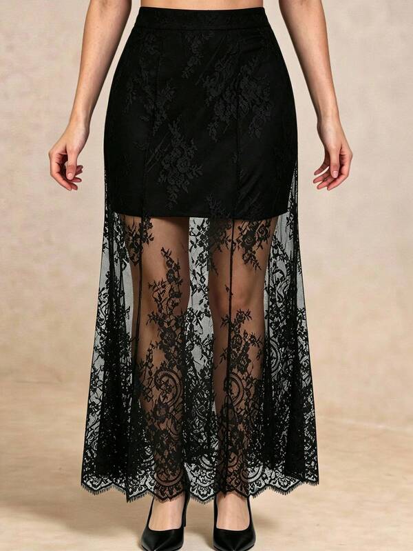 Juhart Plus Size Black Eyelash Sheer Lace Slimming Summer Cool Mermaid Tail Skirt