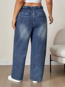 Livesso Curve Celana Pendek Denim Biru Pudar dengan Pinggang Semi Elastis, Potongan Lebar dan Lipatan di Bagian Bawah, Cocok untuk Musim Panas. - Medium Wash - View 3