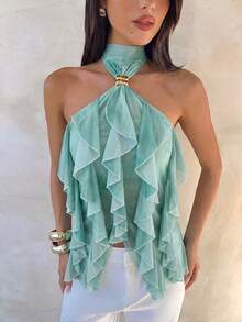 Aloruh Women's Elegant Multi-Layer Ruffle Decor Stand Collar Fitted Tank Top - Olive Green - View 6